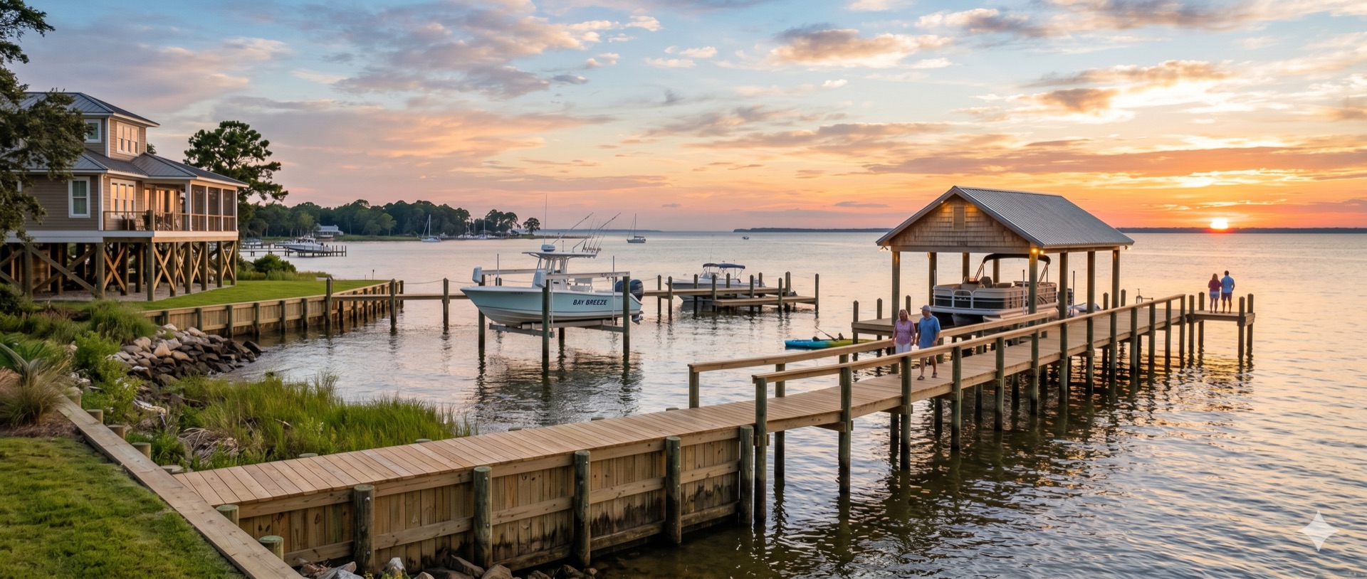Waterfront dock and boathouse at sunset on Mobile Bay, Alabama